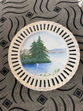 Vintage Ucagco Japan Hand Painted Reticulated Plate 7"J Swan Pine Trees & Water